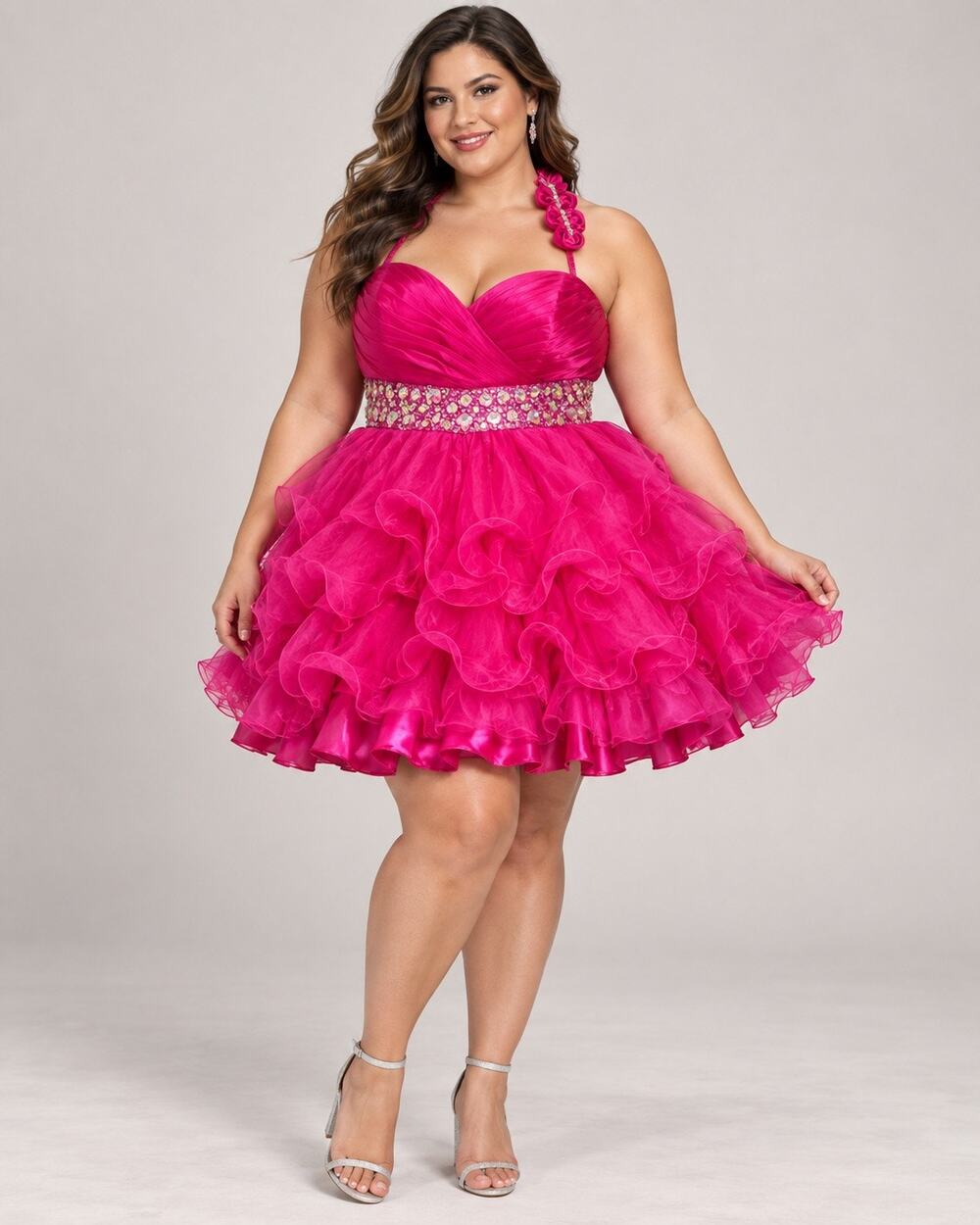 Dancing Queen Hot Pink Crystal Ruffle Corset Party Dress XXL Style 8426